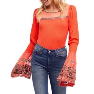 Free People High Tides Top Vibrant Orange Blouse‎ with Bell Sleeves